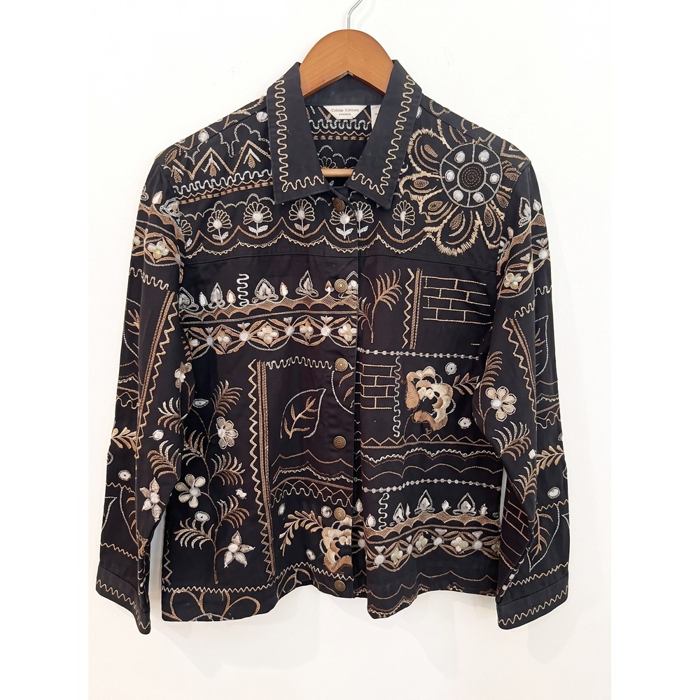 Laurie Ashley  Embroidered Black Jacket Boho Western Embroidered Button Up Sz PL